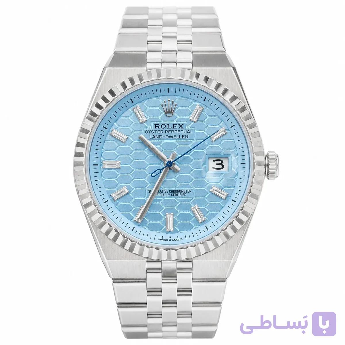 ساعت مچی مردانه رولکس لند دویلر بند استیل صفحه آبی موتور کوارتز ژاپن مستر کوالیتی