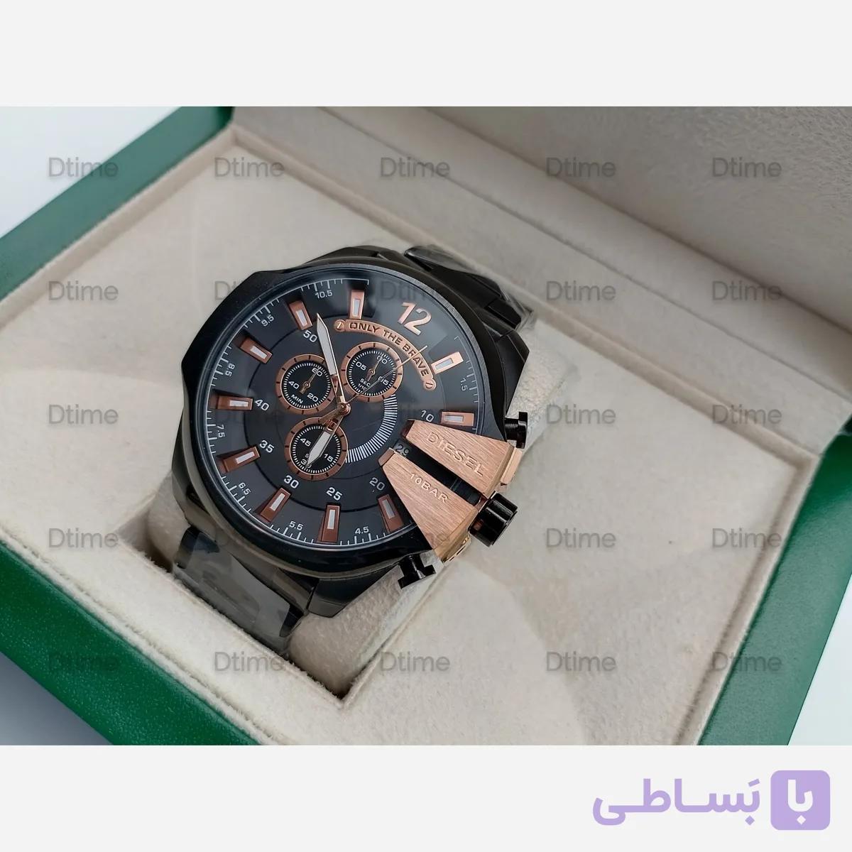 ساعت مچی مردانه دیزل مدل چهار موتوره کرنوگراف با بند استیل مشکی و قاب رزگلد