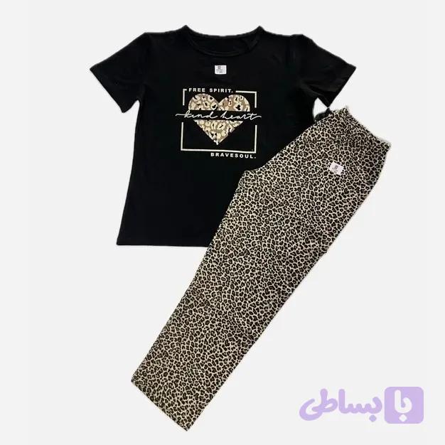ست تیشرت و شلوار زنانه نخی طرح پلنگی قلب برند Beytas سایز بزرگ