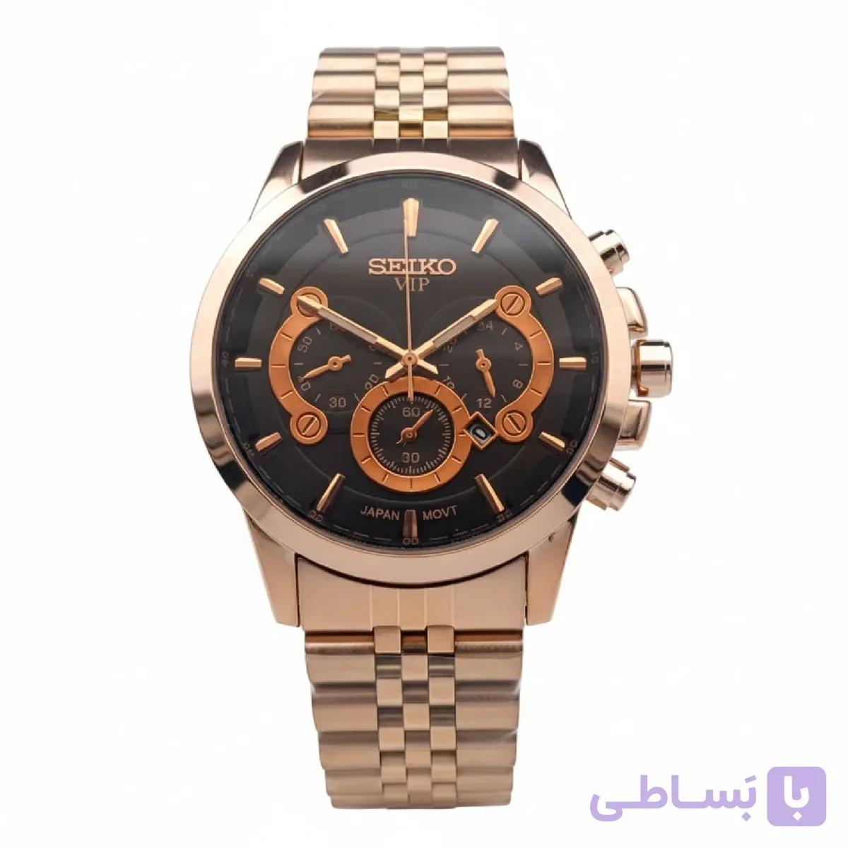 ساعت مچی مردانه سیکو طرح سه موتور صفحه مشکی رزگلد با گارانتی 12 ماهه