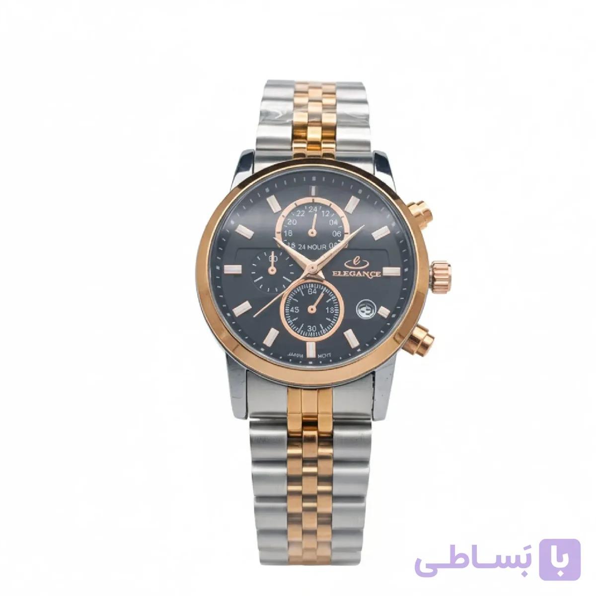 ساعت مچی الگانس مدل 6598 دو رنگ رزگلد صفحه مشکی طرح سه موتور با تقویم و موتور ژاپن