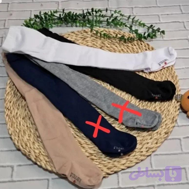 جوراب شلواری دخترانه ساق نخ پنبه فاق بلند چهارفصل ساده سفید نسکافه ای مشکی