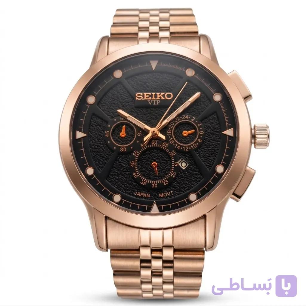 ساعت مچی مردانه سیکو طرح سه موتور بند استیل رنگ رزگلد صفحه مشکی با تقویم و موتور ژاپن