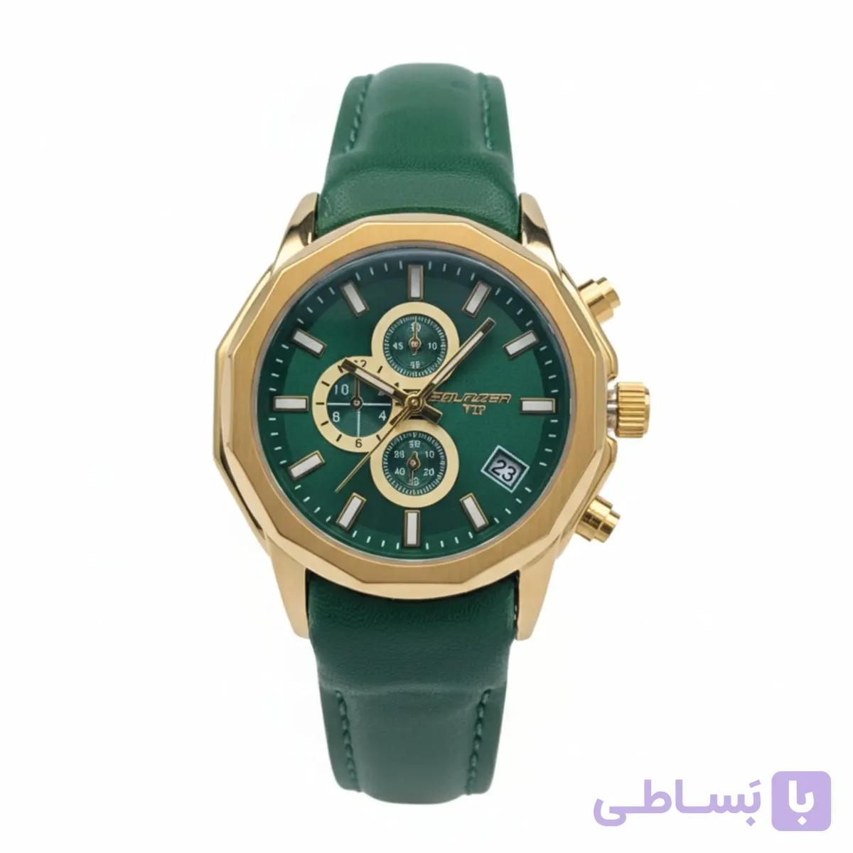 ساعت مچی زنانه بلیزر طلایی صفحه سبز بند چرمی طرح سه موتور با تقویم و موتور میوتا ژاپن
