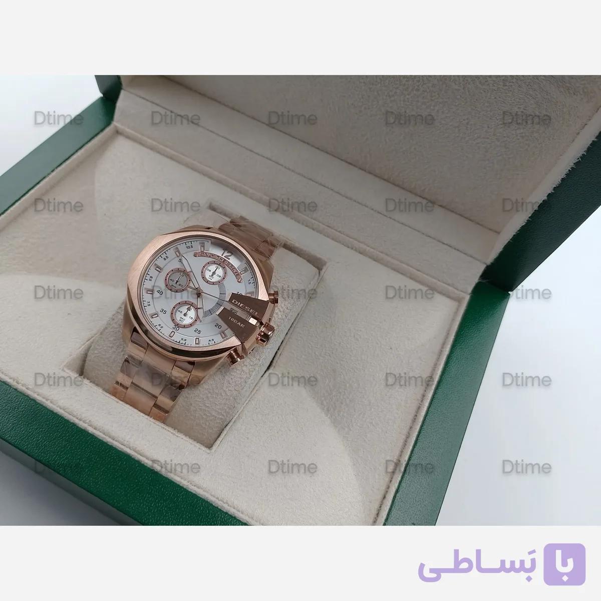 ساعت مچی زنانه دیزل رزگلد صفحه سفید چهار موتوره با بند استیل و تقویم
