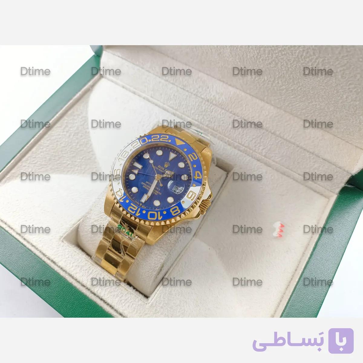 ساعت مچی مردانه رولکس مدل GMT طلایی صفحه مشکی با موتور ژاپن و بند استیل