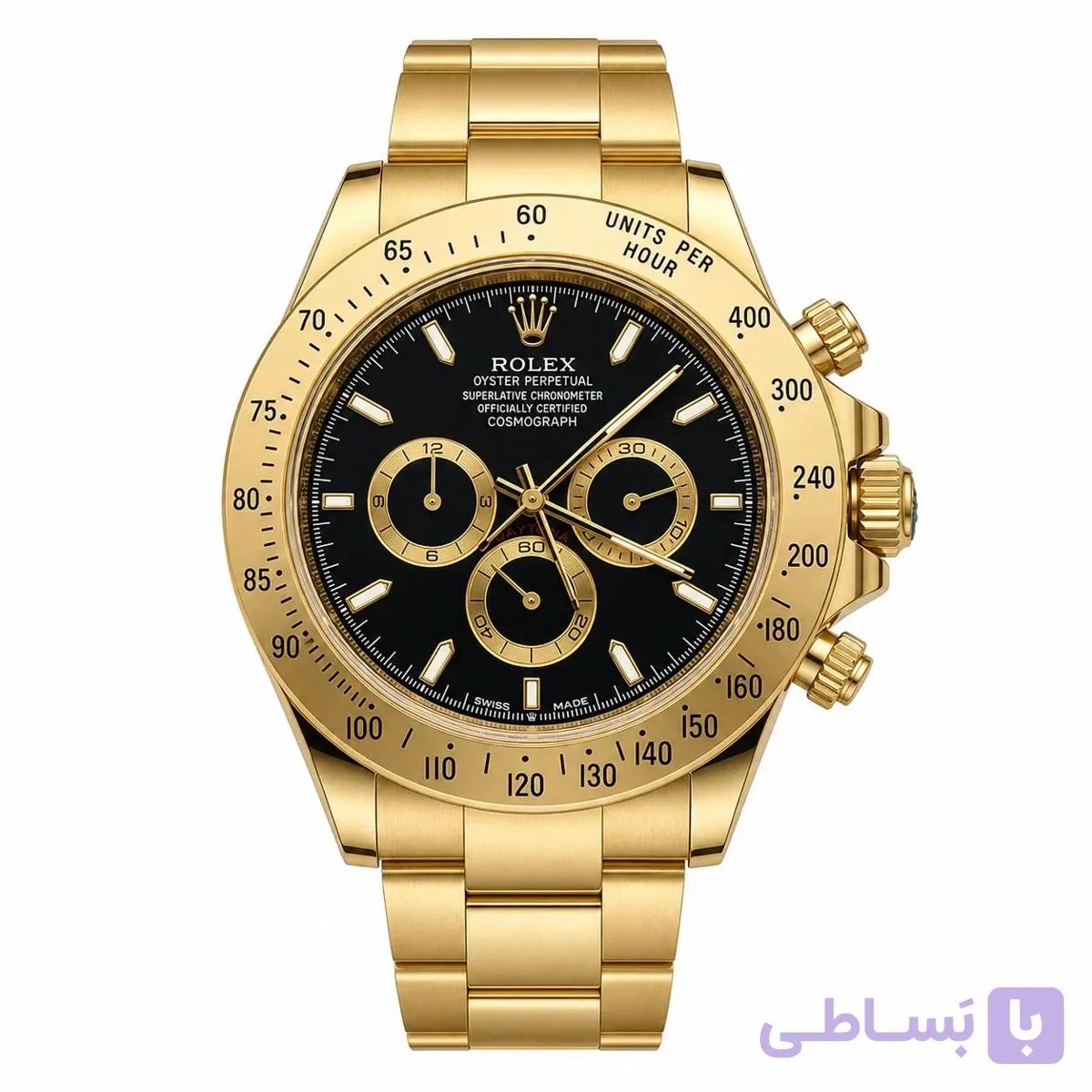 ساعت مچی رولکس دیتونا طلایی صفحه مشکی مستر کوالیتی کرنوگراف چهار موتوره فعال
