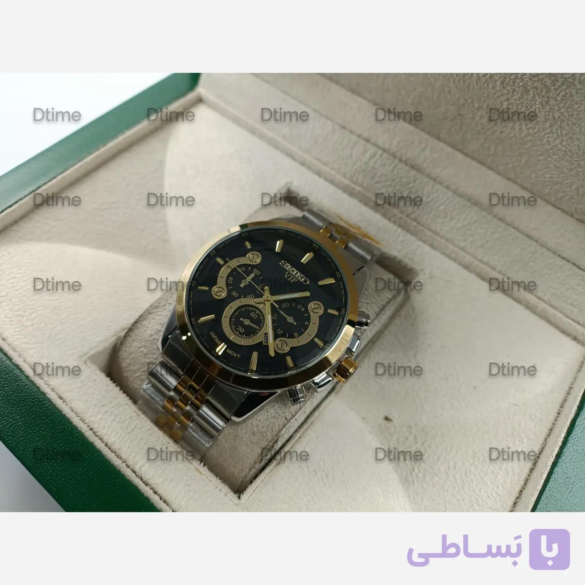 ساعت مچی زنانه سیکو طرح سه موتور بند دو رنگ طلایی صفحه مشکی با تقویم