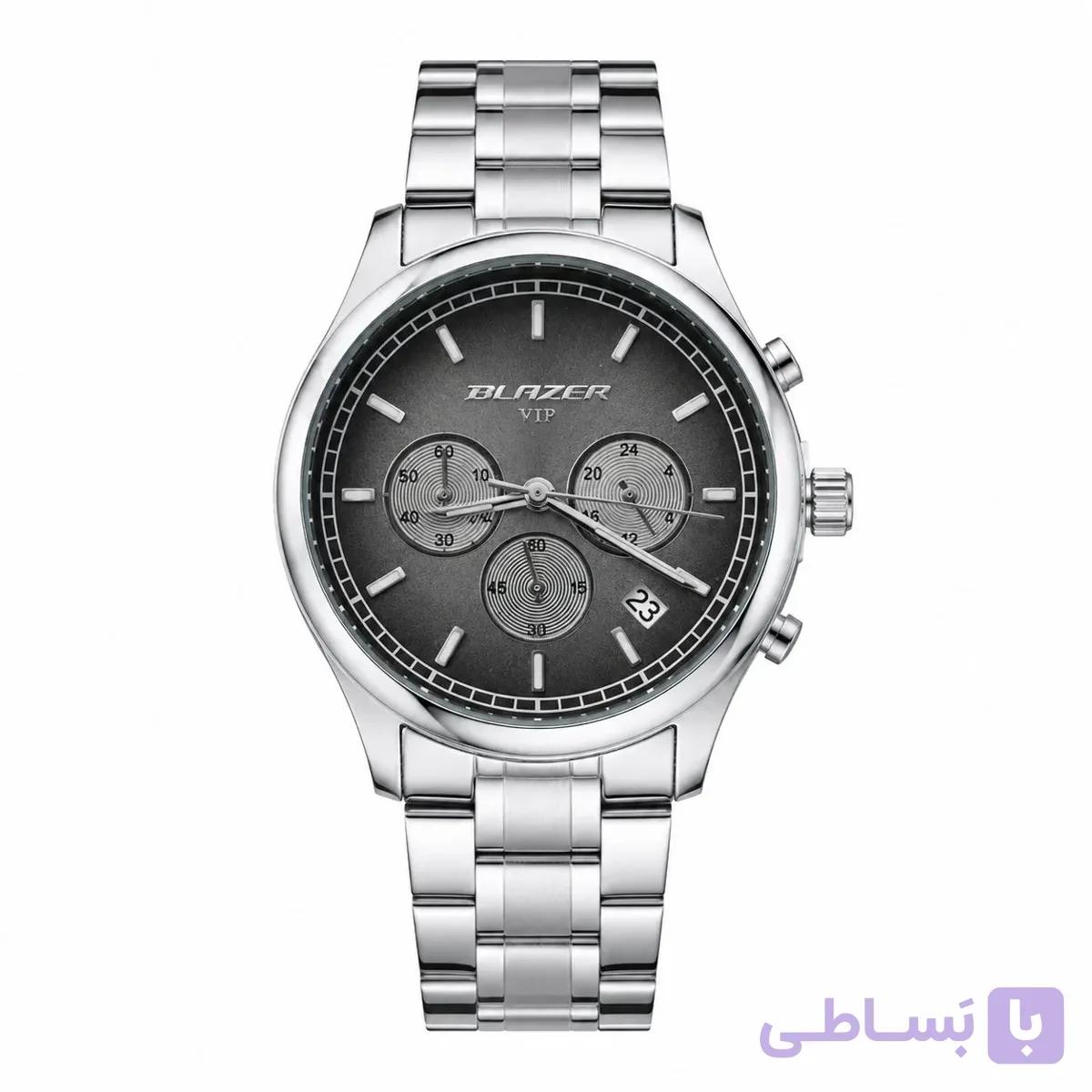 ساعت زنانه استیل بلیزر طرح سه موتور صفحه مشکی رفرانس 3133 با قاب چند ضلعی