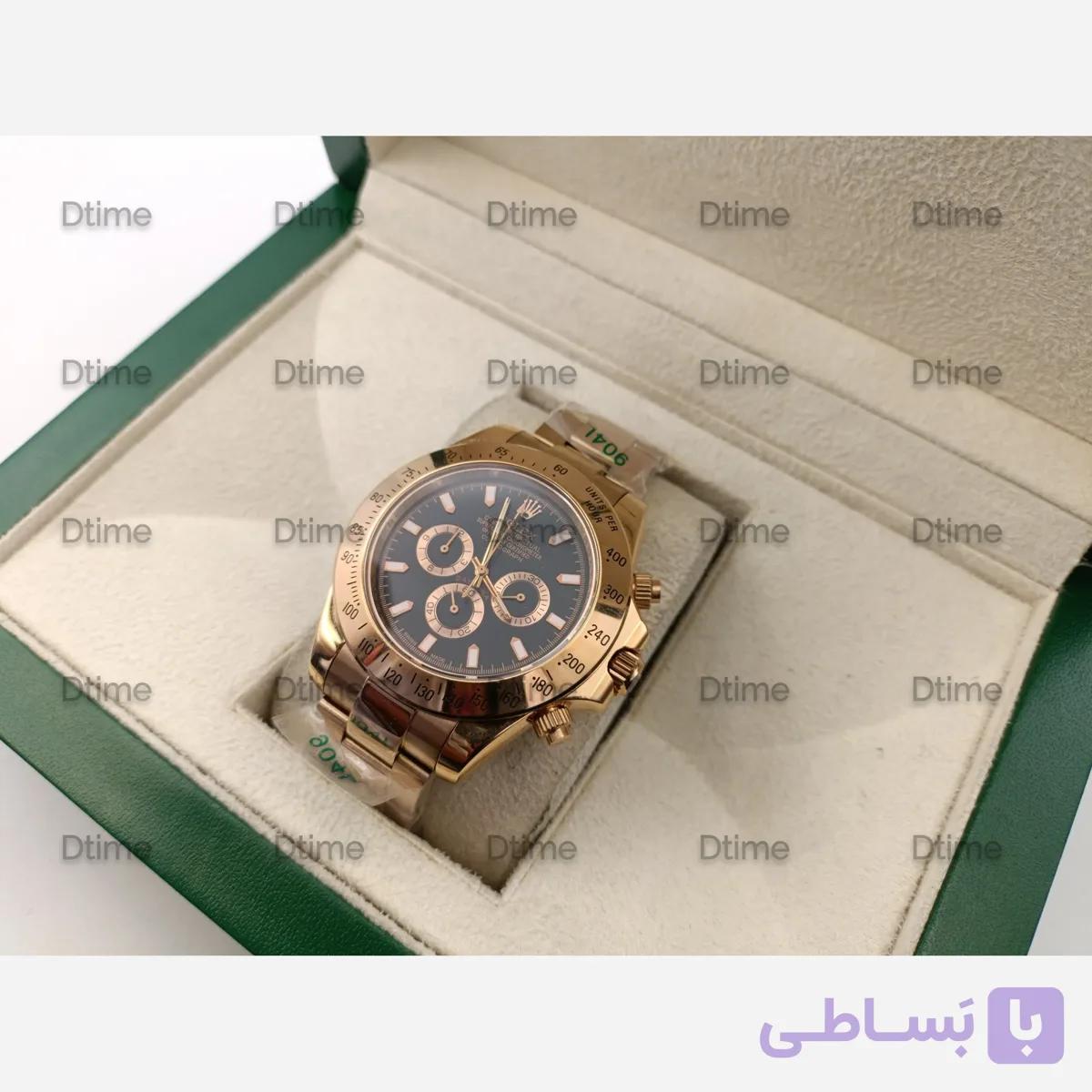 ساعت مچی مردانه رولکس دیتونا رزگلد صفحه مشکی با بند استیل و موتور کرنوگراف ژاپنی