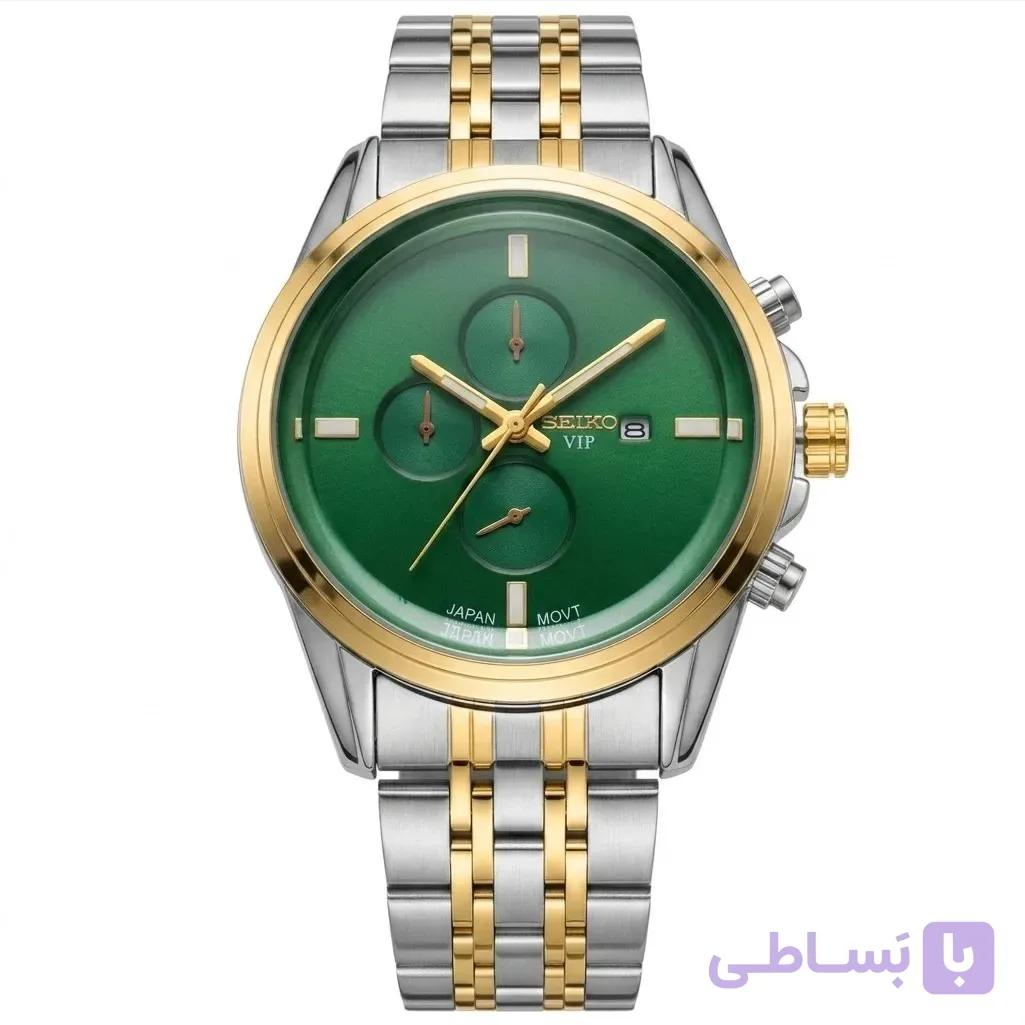 ساعت مچی مردانه سیکو مدل 2583 دو رنگ طلایی با صفحه سبز و بند استیل