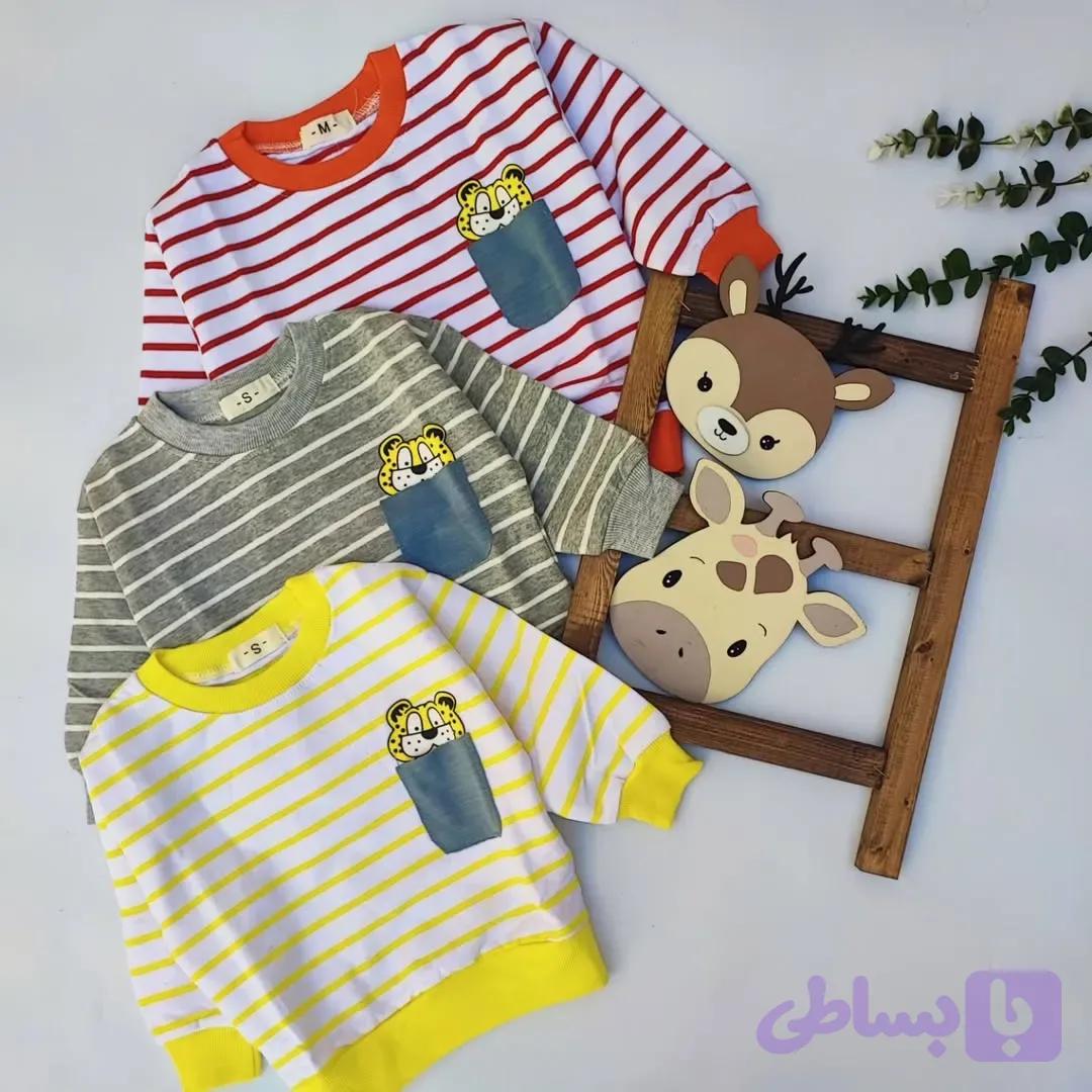 بلوز تک اسپرت بچگانه دخترانه و پسرانه یقه و مچ کشبافت رنگبندی زیبا طرح ببری سایز 80 تا 100
