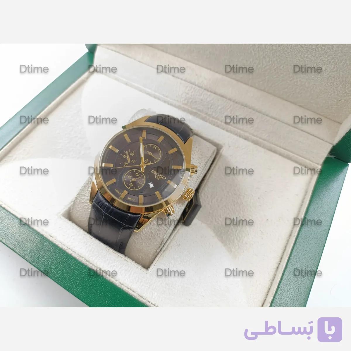 ساعت مچی مردانه سیکو بند چرمی صفحه مشکی موتور ژاپن با تقویم