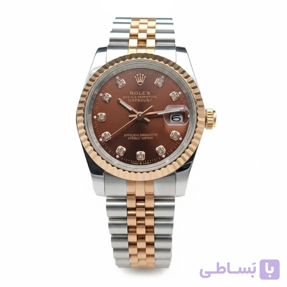 ساعت مچی مردانه رولکس دیت جاست دورنگ رزگلد صفحه قهوه ای موتور ژاپن مستر کوالیتی