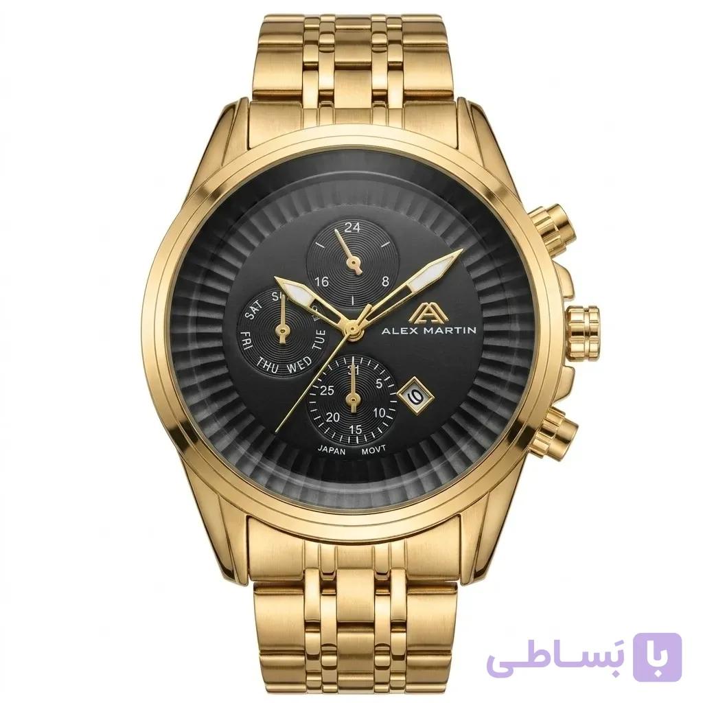 ساعت مچی عقربهای مردانه الکس مارتین مدل 7107 رنگ طلایی صفحه مشکی با موتور ژاپن و گارانتی 12 ماهه