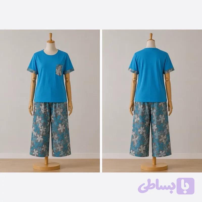 ست تیشرت جیب‌دار شلوارک زنانه آبی نوین — تصویر 1