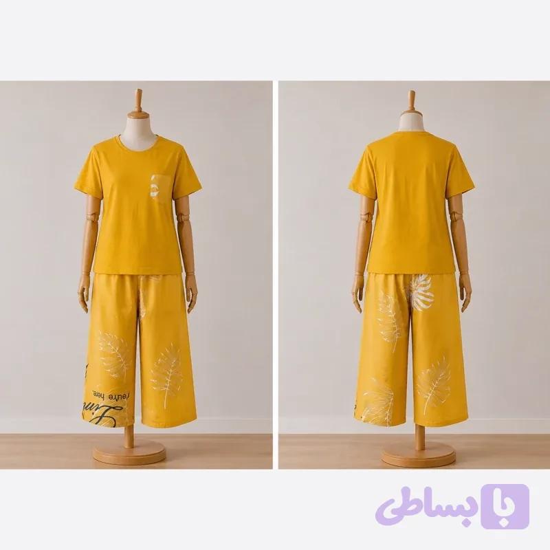 ست راحتی شلوارک زنانه زرد نوین — تصویر 1
