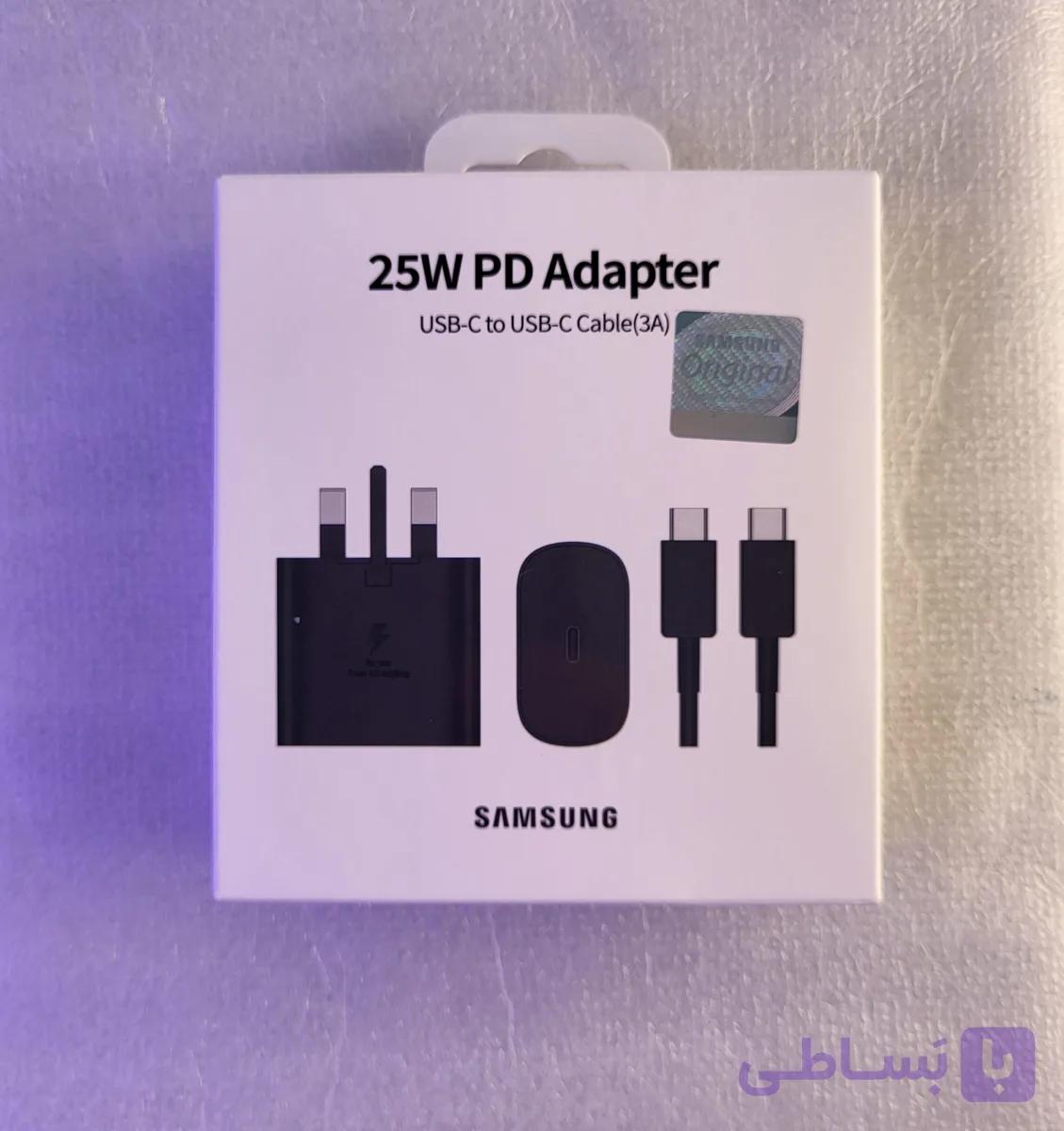 شارژر 25 وات سامسونگ با کابل + مبدل 3 به 2 — تصویر 1