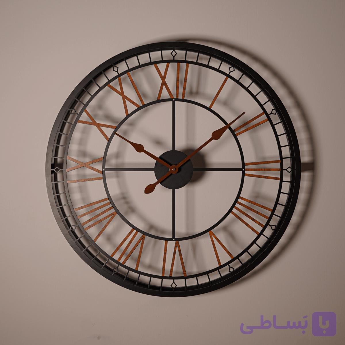 ساعت دیواری مدل یونانی — ترکیب فلز و چوب + اعداد و عقربه‌های چوبی + موتور بی‌صدا — تصویر 1