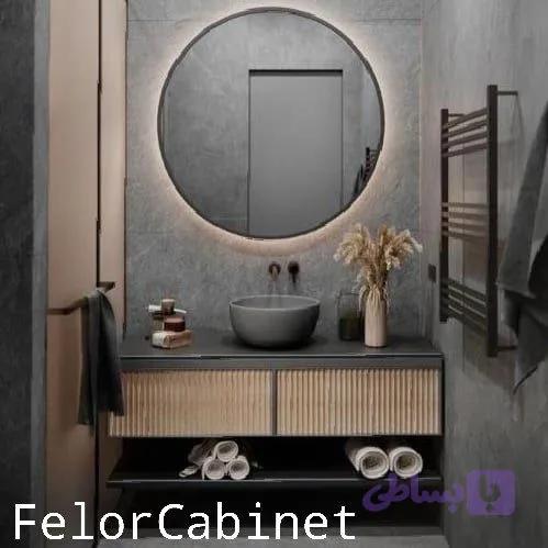 کابینت روشویی مدل 1110 | طراحی مدرن بامبو با شلف باز و کاسه چینی