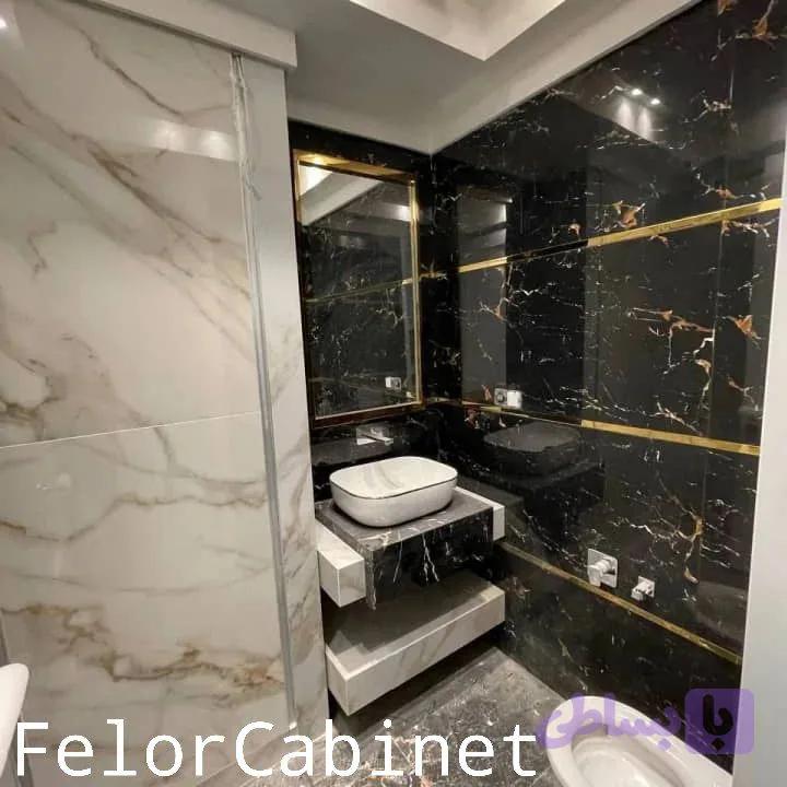 کابینت روشویی مینیمال مدل ۱۱۰۴ با صفحه و شلف سرامیک پرسلان