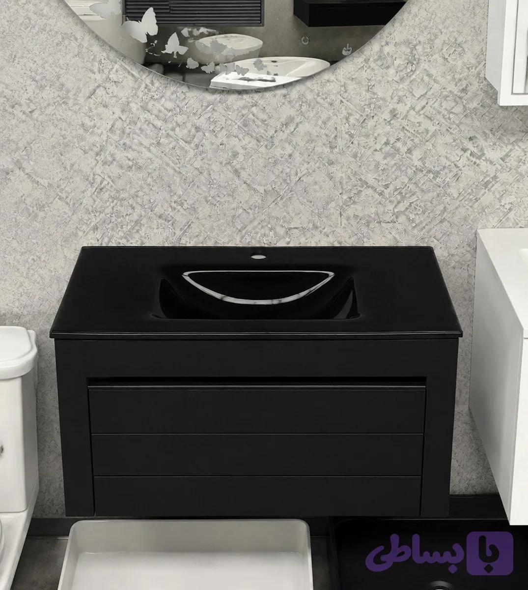 کابینت روشویی مشکی مات مدل 1043 با صفحه شیشهای توکار