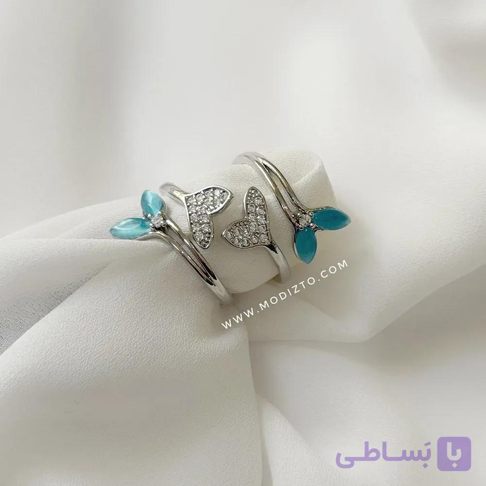 انگشتر استیل جواهری مدل دم وال نگین آبی — تصویر 1