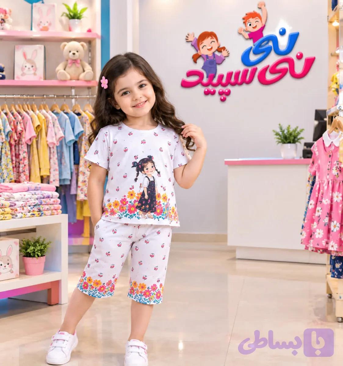 تیشرت شلوارک دختر و گلها