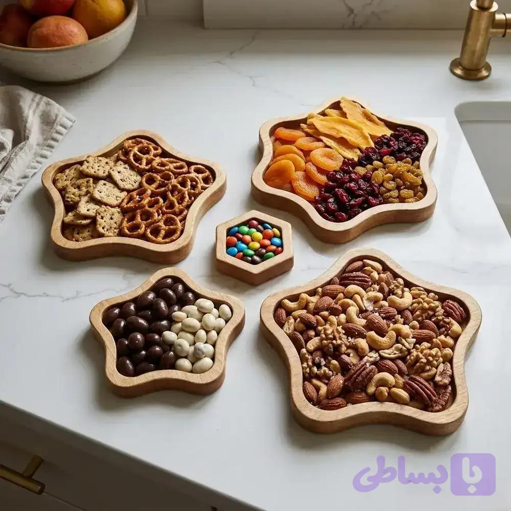 پک 5 تیکه سینی چوبی ستاره (گل) 108 — تصویر 1