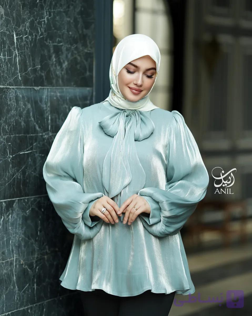 شومیز حریر ابریشم اماراتی رنگ نقرابی