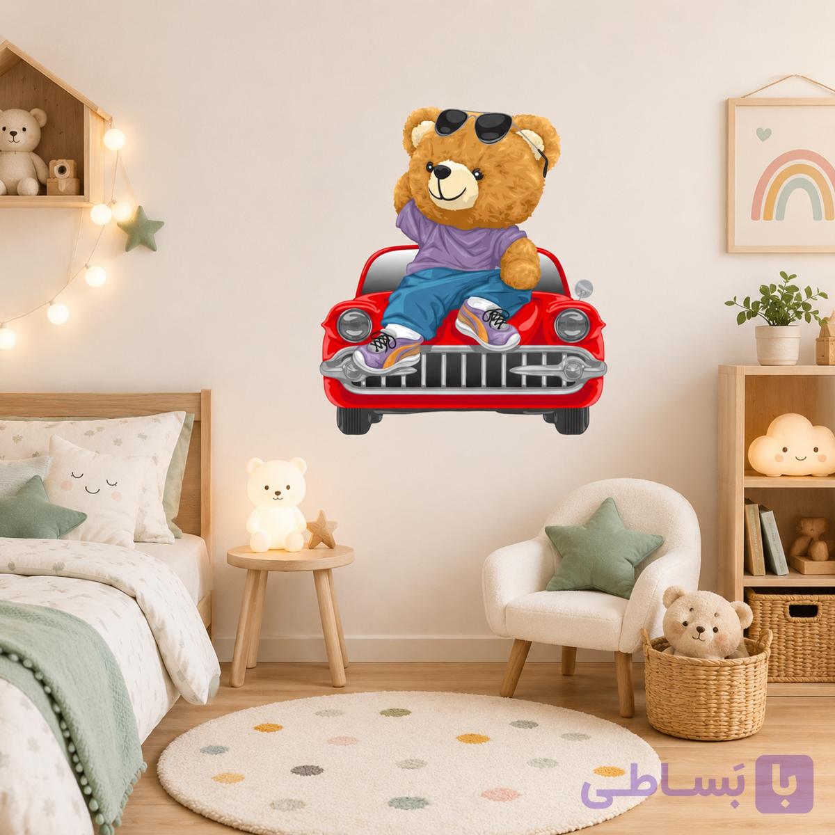 استیکر دیواری اتاق نوجوان - تدی و ماشین قرمز - کد W202