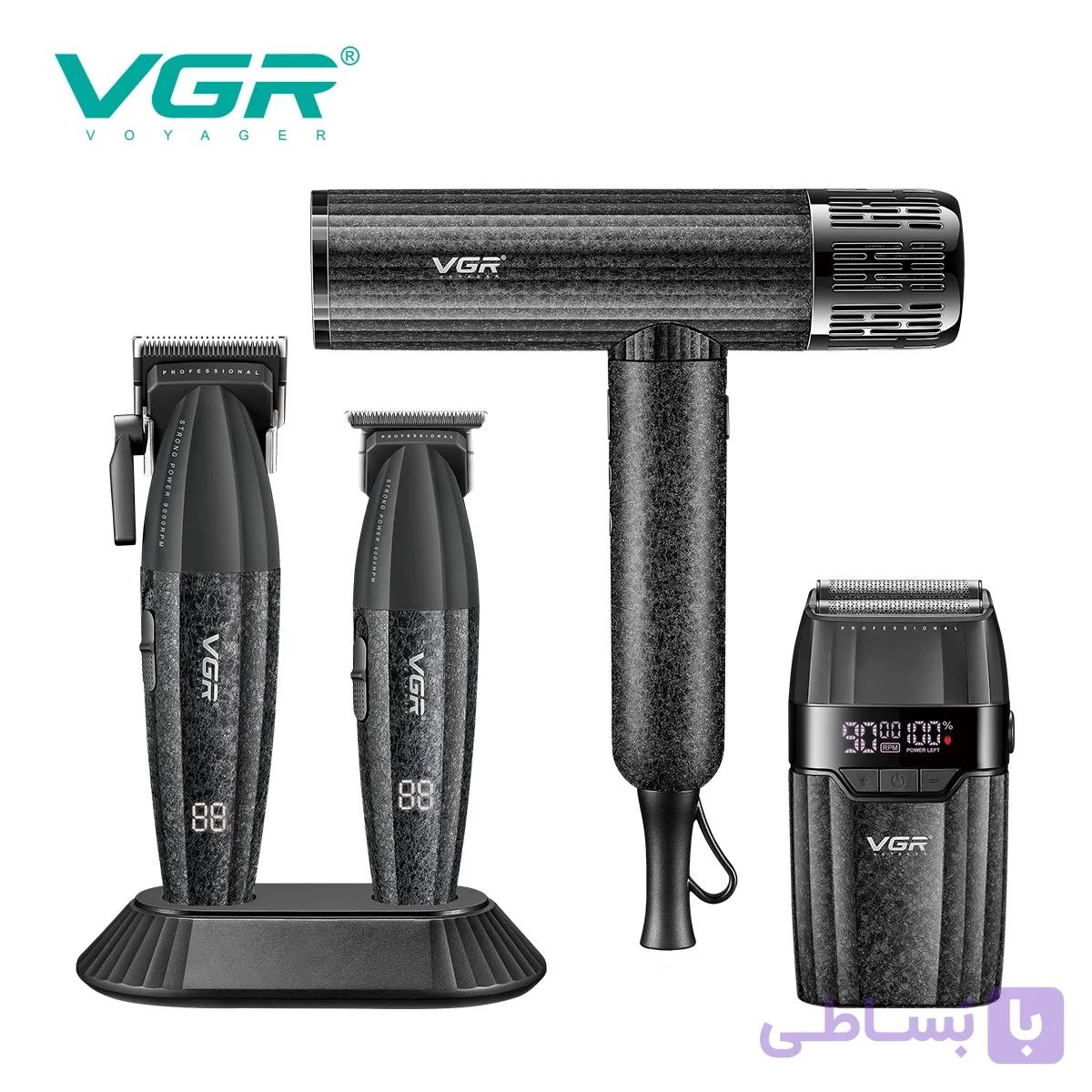 ست چهار تکه VGR V-640 S4 مشکی | کلیپر، تریمر، شیور و سشوار — تصویر 1