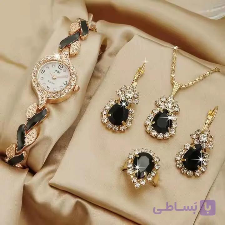 ست زیورآلات و ساعت زنانه صفحه مستطیلی