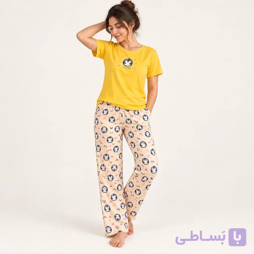 ست تیشرت و شلوار زنانه ۱۰۰٪ کتان طرح پنگوئن زرد — تصویر 1