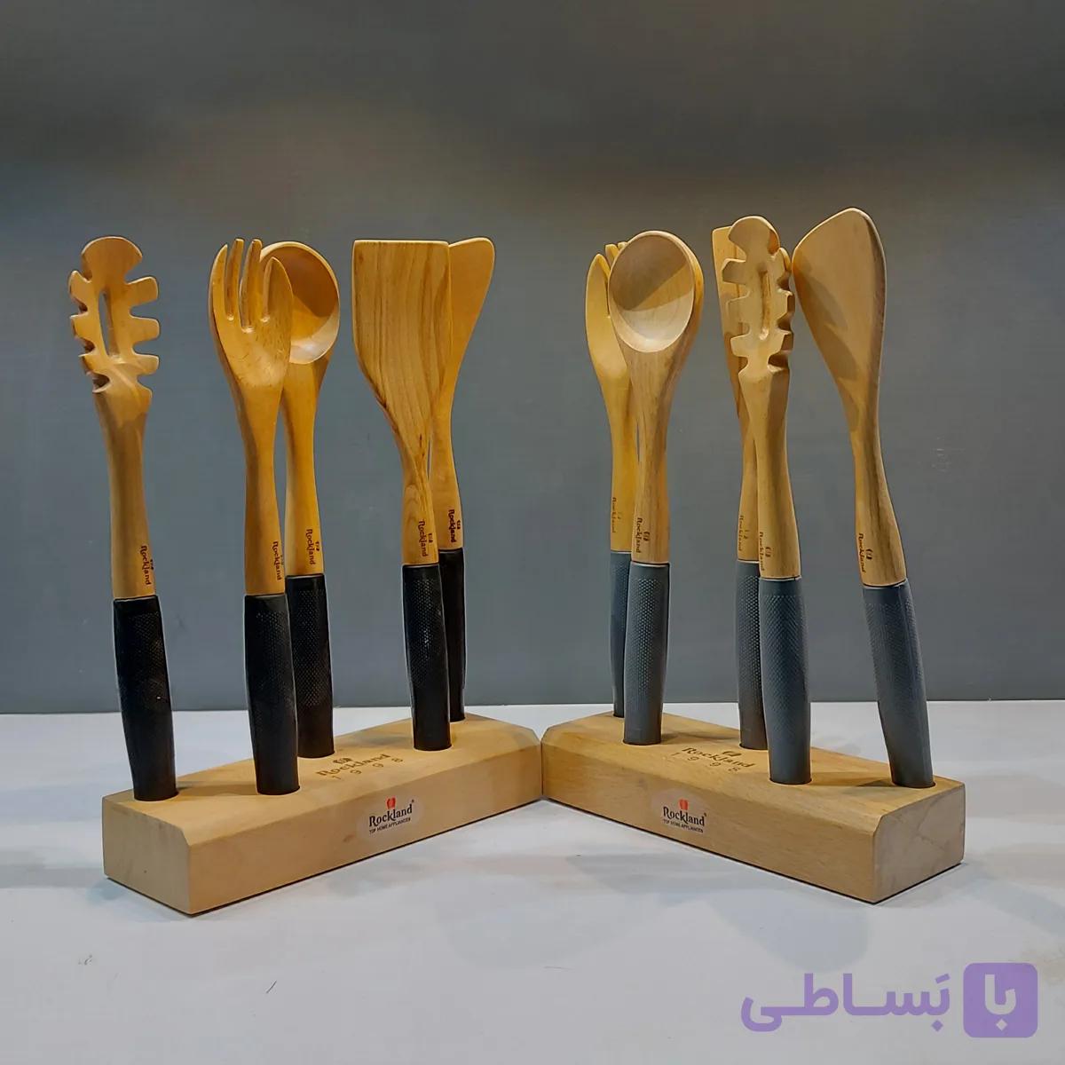 کفگیر و ملاقه چوبی راکلند با دسته ی سیلیکونی در دو رنگ مشکی و طوسی