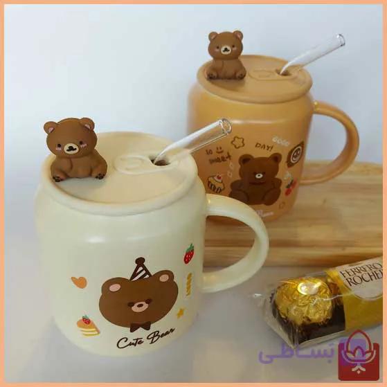 ماگ فانتزی خرسی مدل Cute Bear – درب سیلیکونی و نی شیشه‌ای | ماگ دخترانه فانتزی — تصویر 1