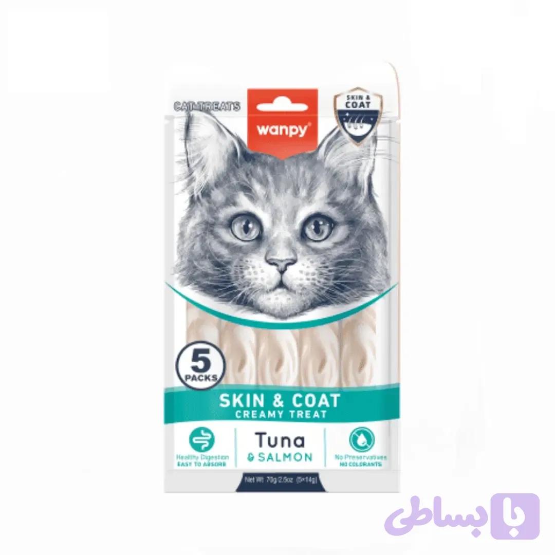 بستنی درمانی گربه ونپی مخصوص حفظ سلامت پوست و مو با طعم ماهی تن و سالمون | Wanpy Skin & Coat Creamy Treat بسته 5 عددی - پت شاپ فنچول