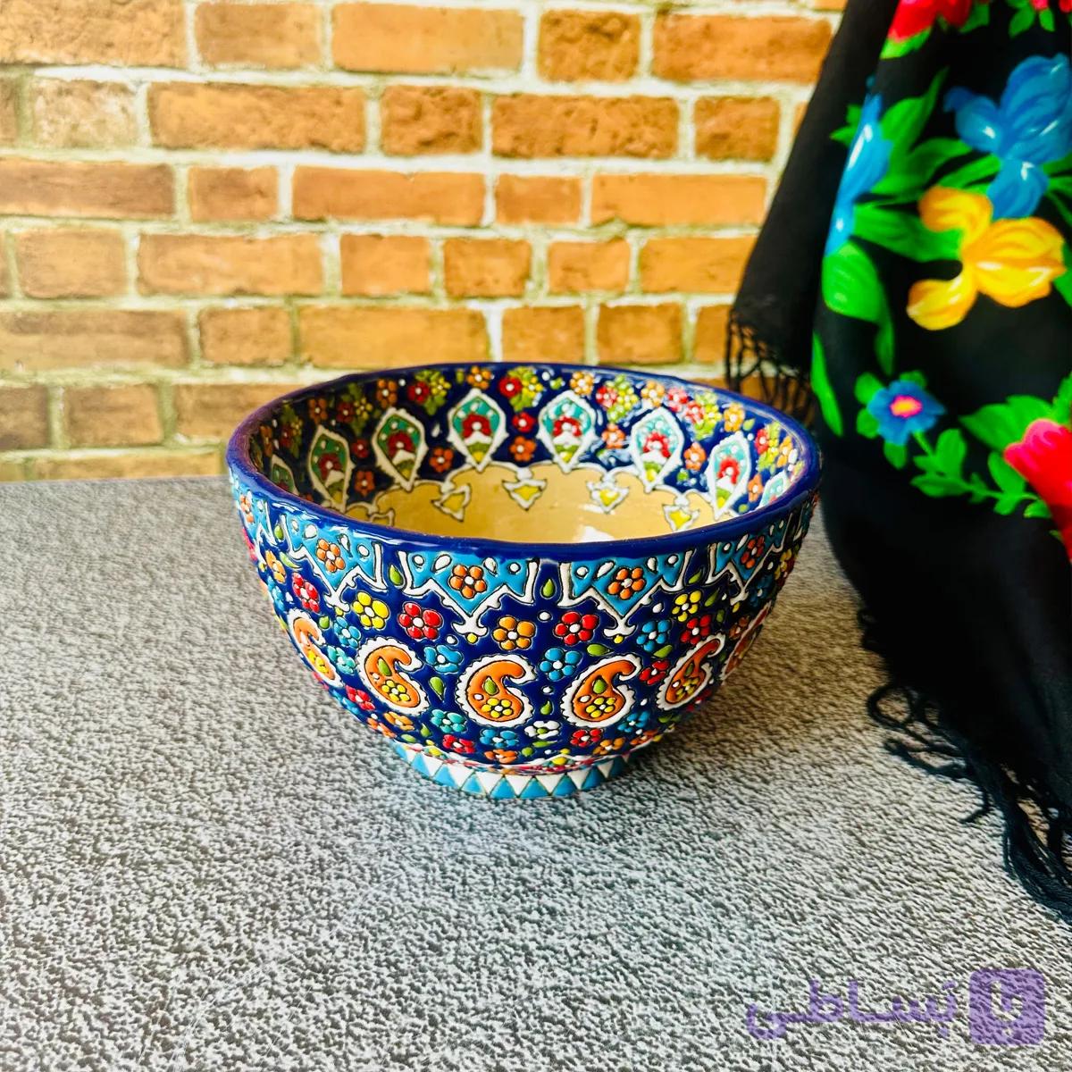 کاسه میناکاری روی سفال سرمه‌ای و آبی — تصویر 1