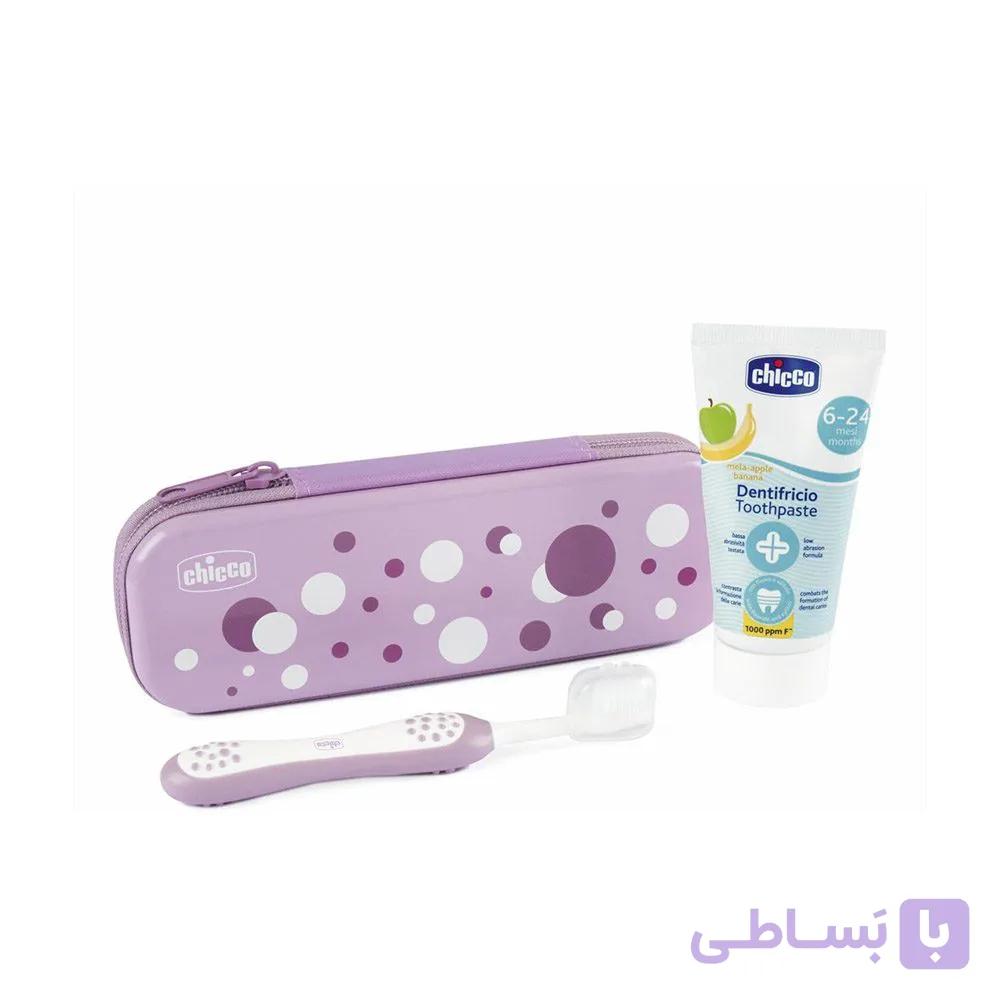 ست مسواک و خمیردندان کودک چیکو Chicco همراه با قاب مسافرتی رنگ صورتی — تصویر 1