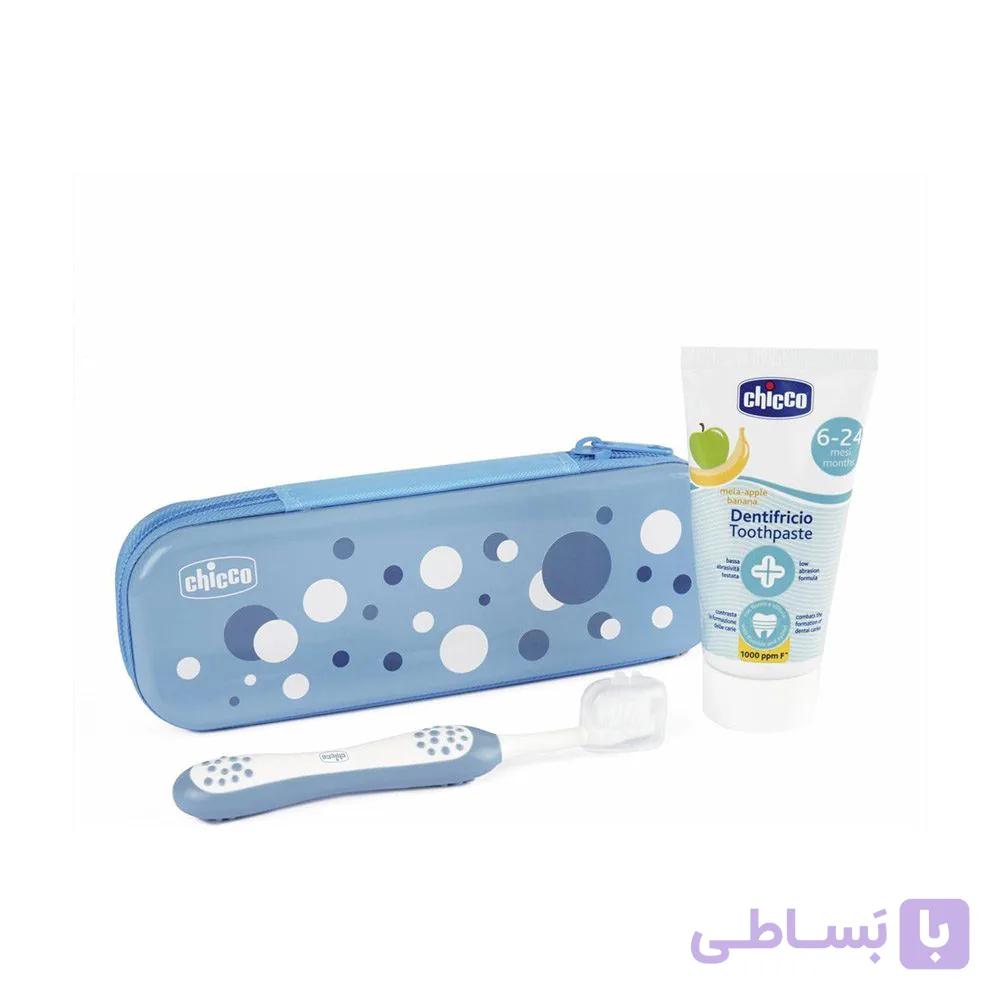 ست مسواک و خمیردندان کودک چیکو Chicco همراه با قاب مسافرتی رنگ آبی — تصویر 1