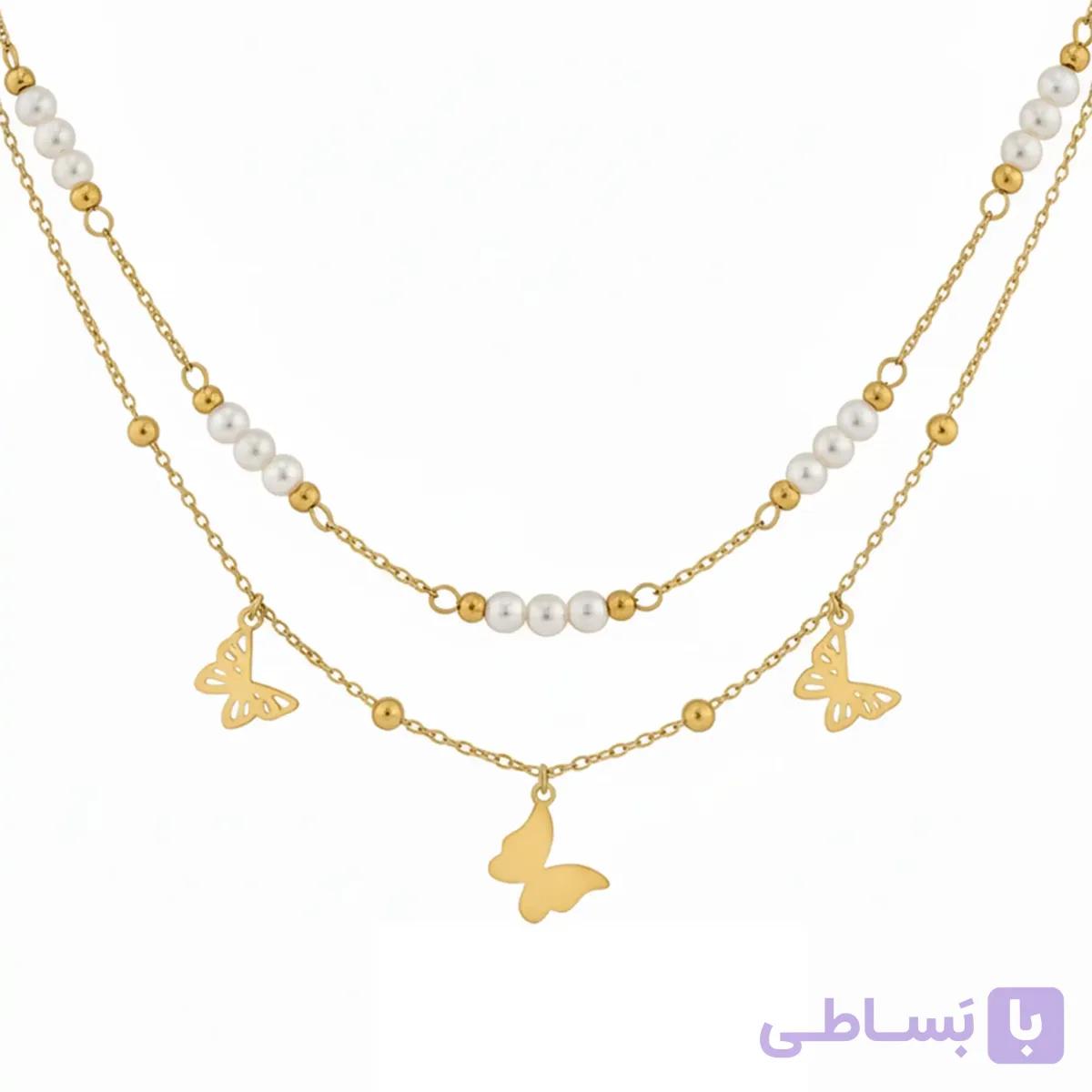پابند استیل زنانه مدل دو لاین طرح پروانه و مروارید کد 517 — تصویر 1