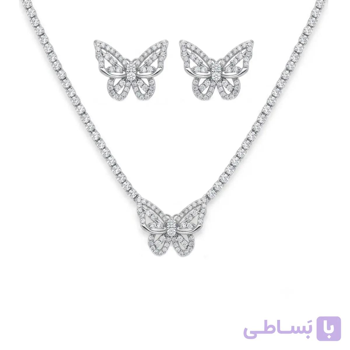 نیم ست زیورآلات زنانه استیل پروانه فول نگین تنیسی مدل 565 — تصویر 1