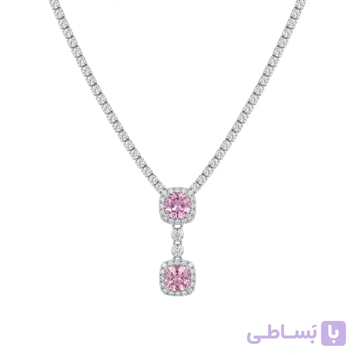 گردنبند زنانه پلاک متصل استیل مدل مربع صورتی فول نگین تنیسی کد 502 — تصویر 1