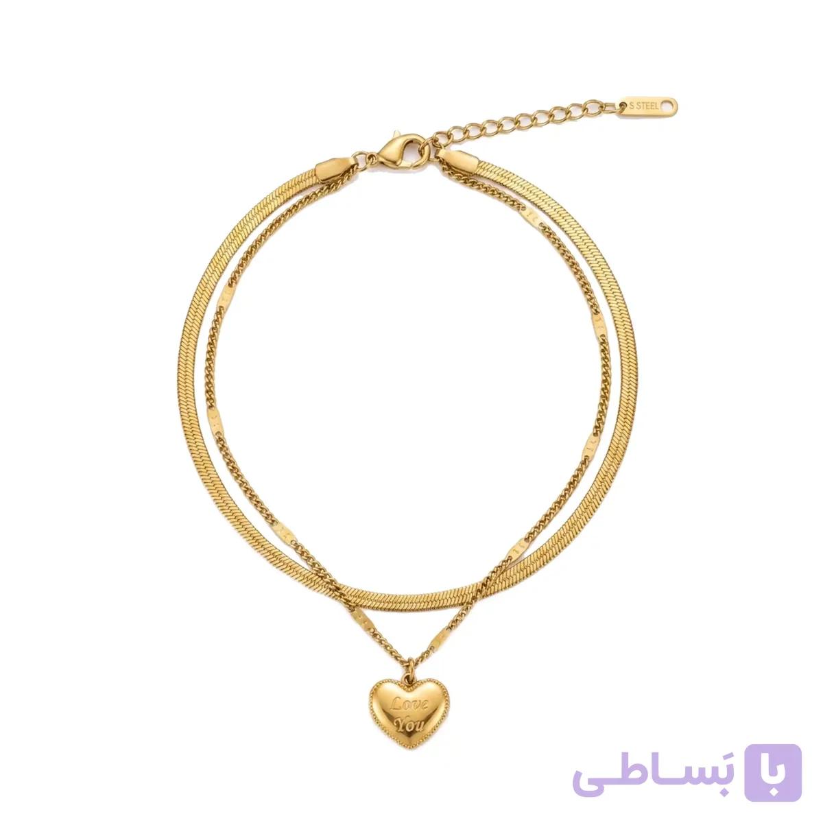 پابند زنانه استیل با آبکاری طلا مدل دو لاین ماری آویز قلب طرح عشق کد 516 — تصویر 1