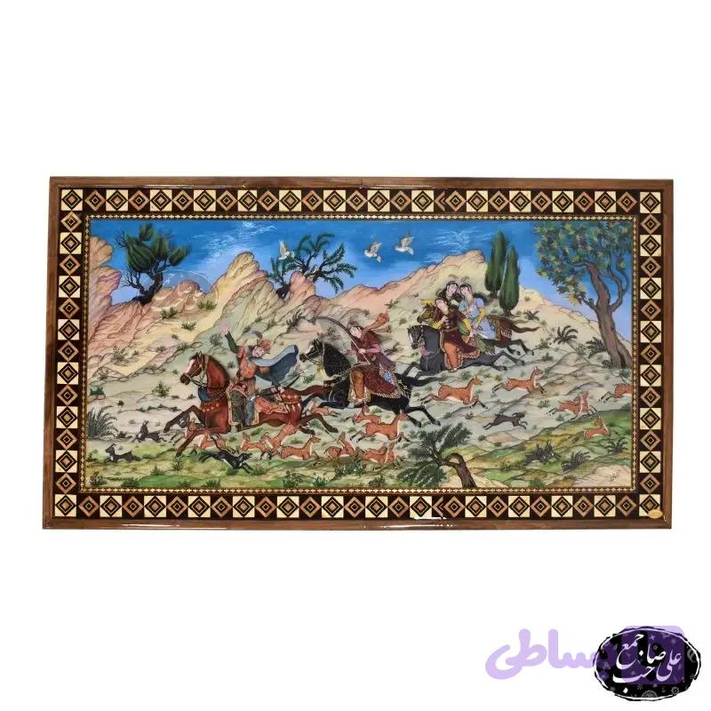 تابلو مینیاتور طرح شکارگاه سلطنتی با قاب خاتم‌کاری اعلاء — تصویر 1