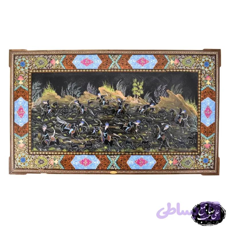 تابلو مینیاتور خاتمکاری اصل اصفهان نقاشی شکار و چوگان طرح سفید قلم — تصویر 1