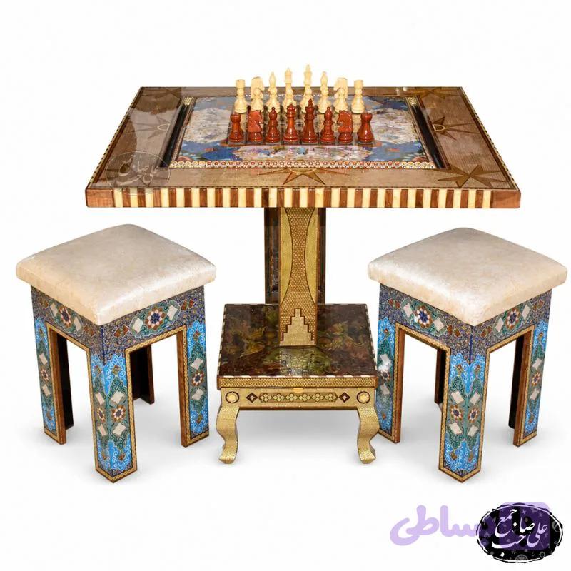 میز بازی شطرنج و تخته نرد خاتم‌کاری لوکس مربع و 2 عد چهار پایه — تصویر 1
