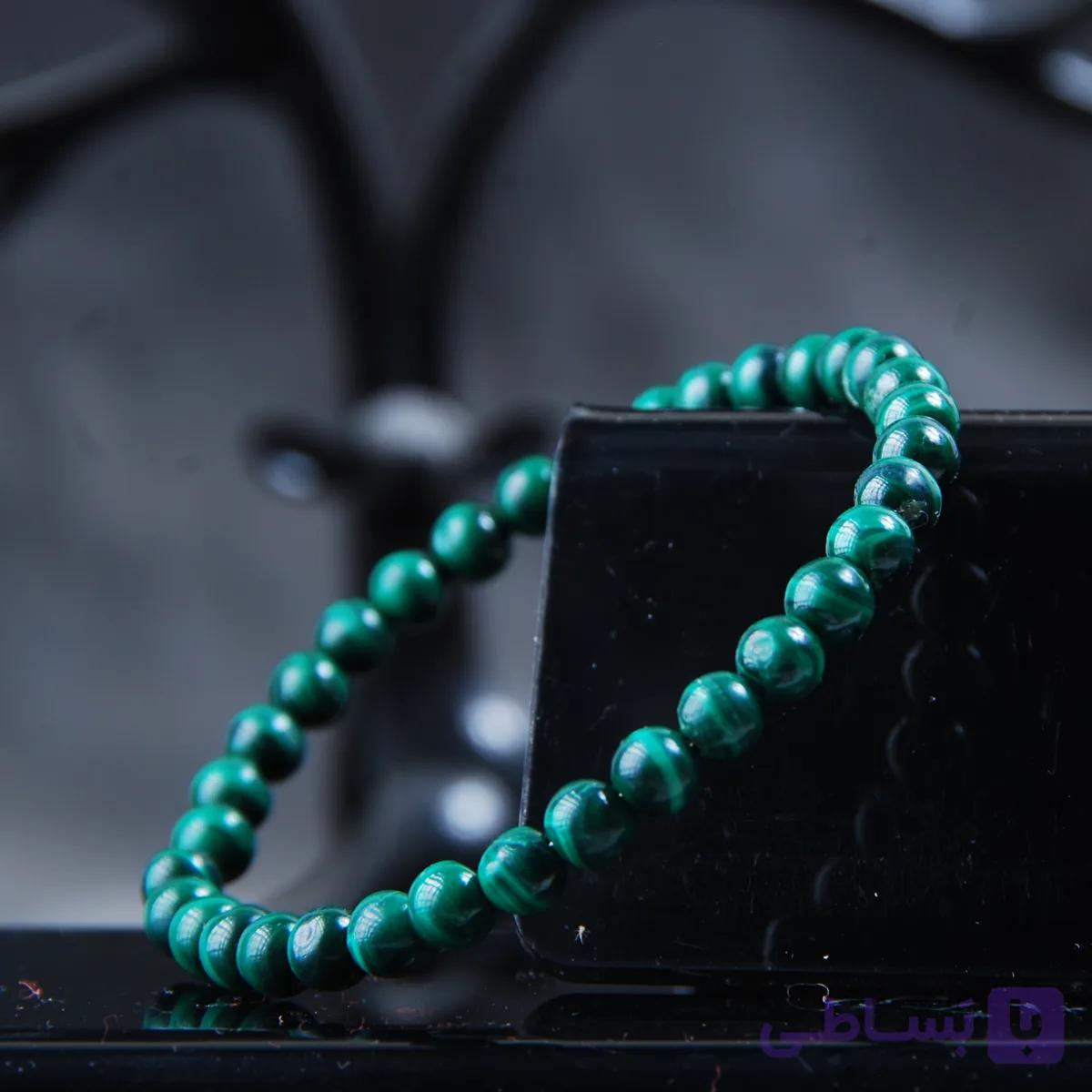 دستبند سنگ طبیعی مالاکیت (Malachite) اصل سایز 6 (کش) — تصویر 1