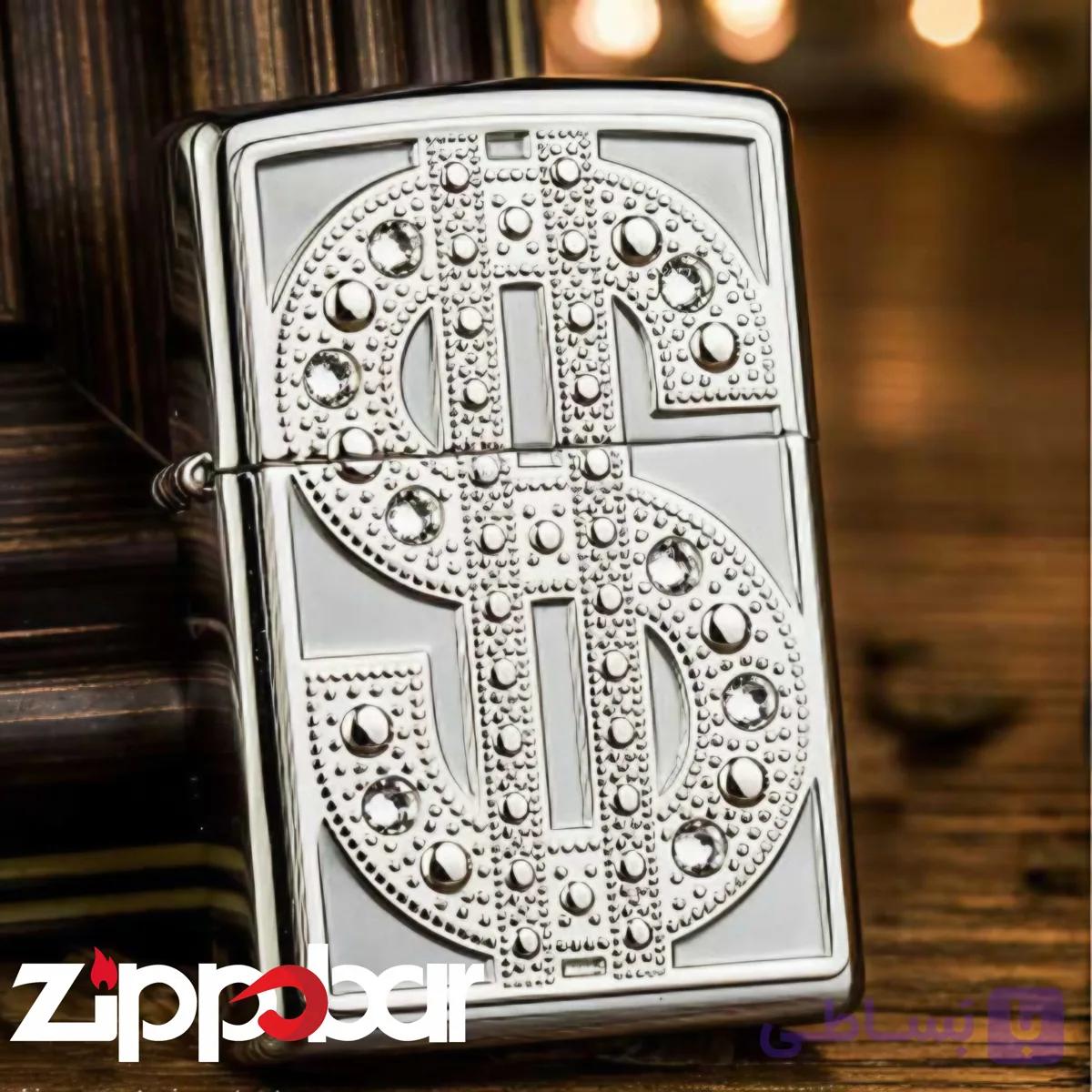 فندک زیپو اصل کد 20904 طرح دلار برجسته | Zippo 20904 Bling Emblem Original — تصویر 1