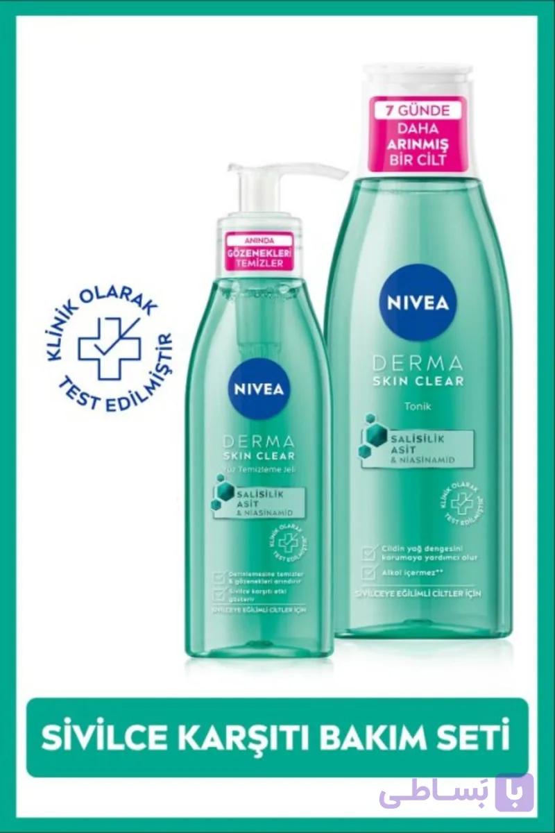 پک اقتصادی تونیک ضد جوش و تعادل‌دهنده پوست با نیاسینامید و اسید سالیسیلیک (BHA) Derma Skin Clear و ژل پاک کننده صورت ضد آکنه مدل نیاسینامید و اسید سالیسیلیک